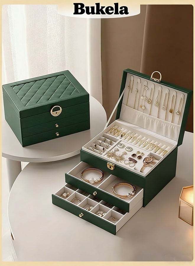 Bukela 3-Layer Lockable Jewelry Organizer Box in Dark Green, Multi-Functional Necklace, Earring, Bracelet & Ring Storage Case, Dustproof and Secure for Home and Travel - Image 1